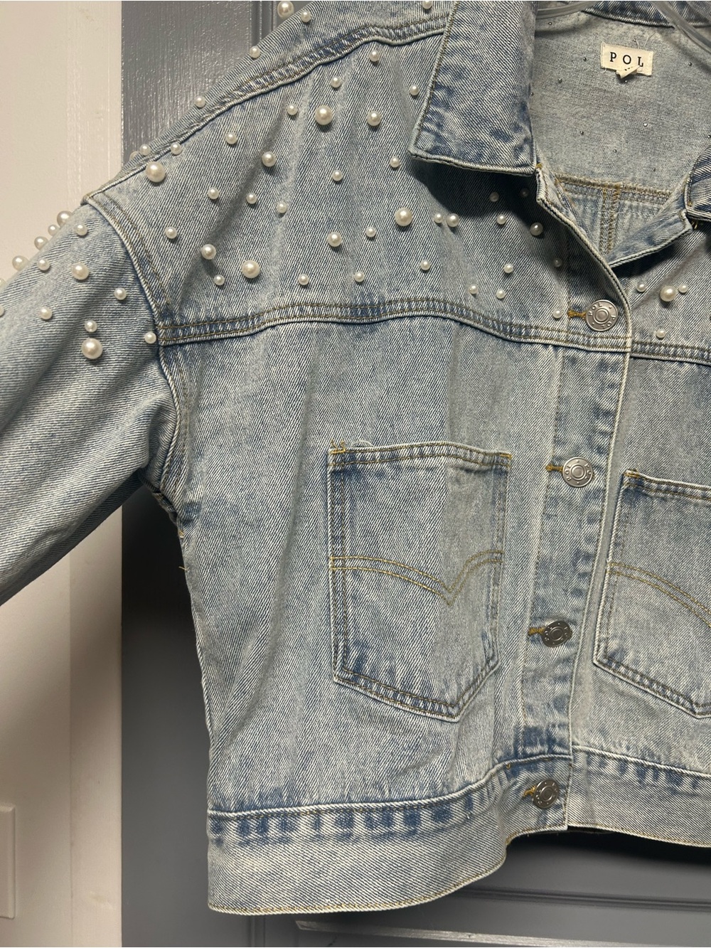 POL Pearl and lace embellished short denim jacket super cute! Size medium EUC - Picture 3 of 10